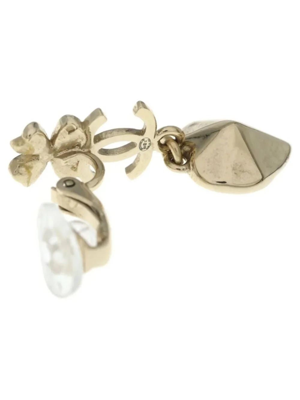 Chanel CC Logo Clover Heart Earrings Rhinestone Gold Plated